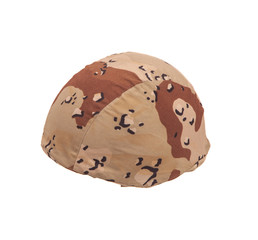 Modern safety helmet in a camouflage case isolate on a white back. British Armed Forces helmet.