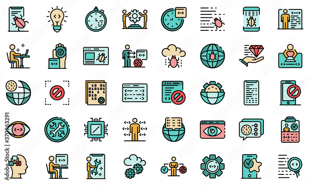 Poster testing software icons set. outline set of testing software vector icons thin line color flat on whi
