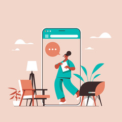 female doctor in smartphone screen chat bubble communication online consultation healthcare medicine medical advice concept vector illustration