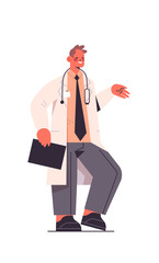 male doctor in uniform holding clipboard healthcare medicine concept man medical worker standing pose vertical isolated full length vector illustration