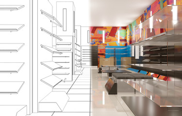 shopping mall, interior visualization, 3D illustration