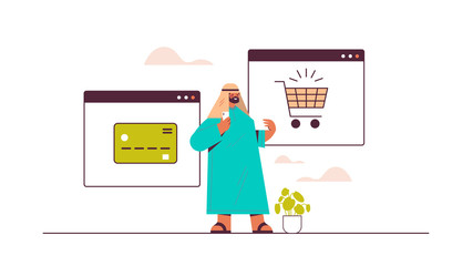 arab man using smartphone application for online shopping ordering and paying e-commerce smart purchasing concept horizontal full length vector illustration