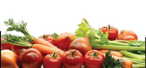 Verdura fresca, tomates, apio, zanahoria, perejil cebolla, sobre fondo blanco. Fresh vegetables,...