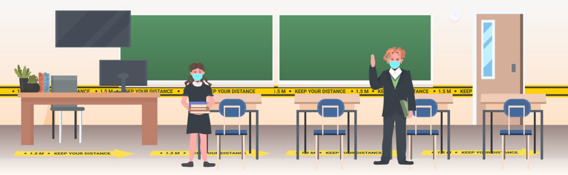 Schoolchildren In Masks Keeping Distance To Prevent Coronavirus Pandemic Social Distancing Concept School Classroom Interior Horizontal Full Length Vector Illustration