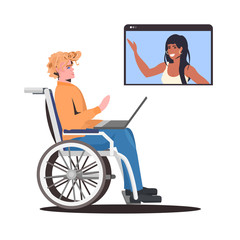 disabled woman in wheelchair chatting with african american friend in web browser window during video call online meeting self isolation concept vector illustration