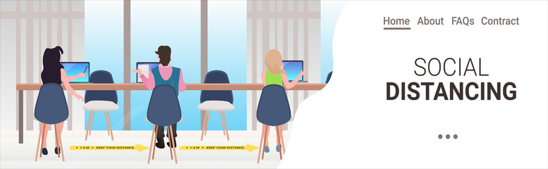 businesspeople keeping distance to prevent coronavirus epidemic covid-19 protection measures office interior horizontal full length copy space vector illustration