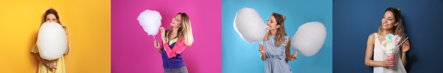 Collage with photos of young woman holding cotton candy on color background. Banner design