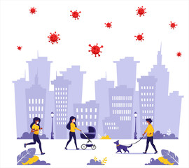 People doing outdoor activities during pandemic. Jogging in mask, walking in mask with dog, walking in mask with baby. 