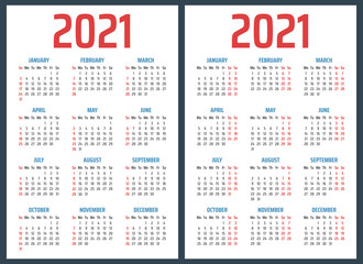 calendar for 2021 starts sunday and monday, vector calendar design 2021 year
