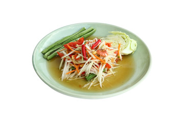 spicy papaya salad isolated on white background, Thai traditional food