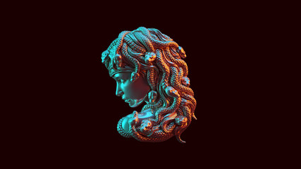 Antique Silver Medusa with Red Orange and Blue Green Moody 80s lighting 3d illustration 3d render