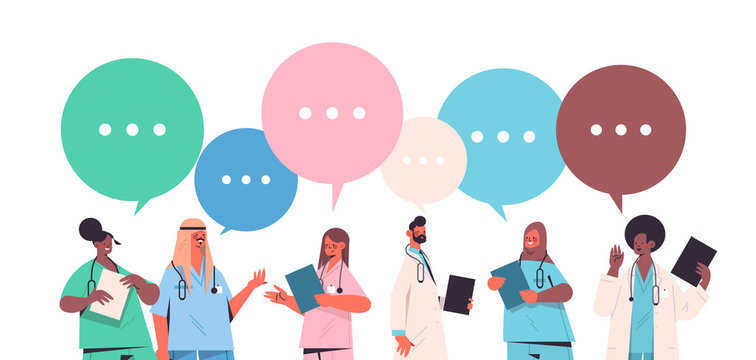 set male female doctors in uniform with chat bubbles communication healthcare medicine concept mix race medical workers collection horizontal portrait vector illustration