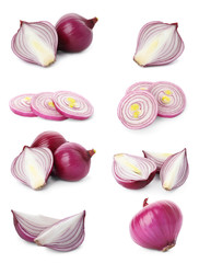 Set of red cut and whole onion on white background