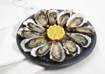 French Oyster Called Marennes d'Oleron, ostrea edulis, Seafoods with Lemon on Plate