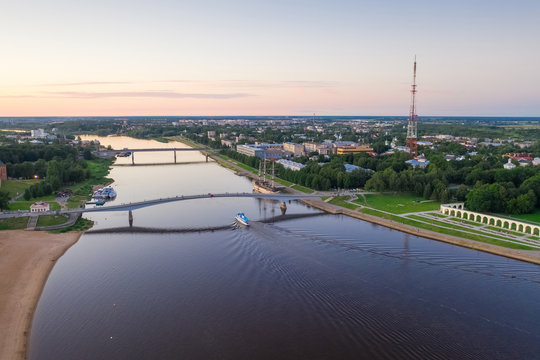 Yaroslav courtyard in the cityscape on a cloudy day (aerial photography). Veliky Novgorod, Russia