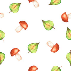 Seamless watercolor pattern with autumn leaves and mushrooms. Perfect for wallpaper
