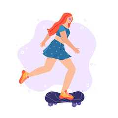 Pretty woman riding a skateboard. Vector illustration in cartoon style.