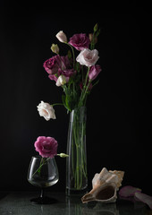 Delicate eustoma flowers in a vase and in a wine glass, a clam shell on a black background with a reflection.