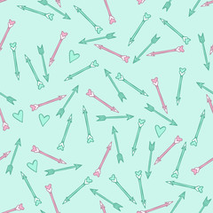 Ethnic love doodle pattern with arrows and hearts, vector illustration