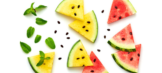 Watermelon colorful isolated on white background. Fresh red yellow watermelon slices closeup,creative composition, top view. Summer concept, fashionable trendy flat lay