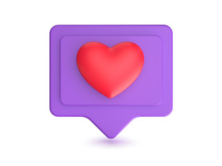 Social media network like icon. Internet sign and symbol with heart. 3D render