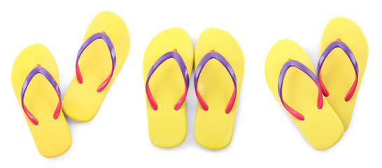 Collage with beach slippers on white background, top view. Banner design