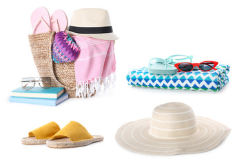 Set of beach objects on white background