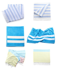 Set of beach towels on white background, top view