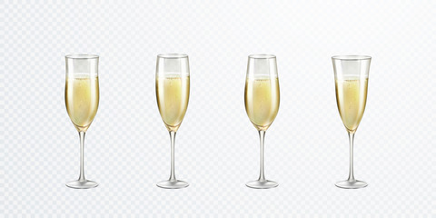 Champagne or golden wine glasses set isolated on transparent background. Vector greating Happy New Year alcohol toasting wineglass. 3d festive wedding event elements with drink