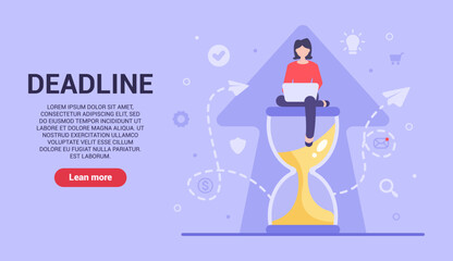 Business deadline concept. Vector girl sitting on an hourglass and working at the computer to improve the business before the time runs out. Web banner on sites and smartphones. EPS 10.