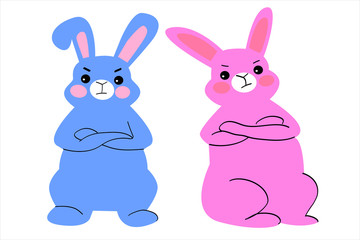 Two funny multicolored cartoon rabbits isolated on white background. Emotion of dissatisfaction, irritation, protest.Template for poster. banner, print for t-shirt,prints.Children vector illustration