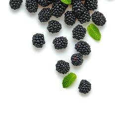 Blackberry isolated on white. Fresh bilberry closeup, healthy diet concept. Ripe organic blackberry, mint leaf creative composition. Juicy berries background, top view.