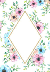 Watercolor floral banner with flower and green bird. Frame greenery rustic style  for wedding card, baby shower decor, baby nursery decor, newborn, greeting card.
