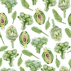 Watercolor Food Vegetable seamless pattern. Kitchen decor. Greenery vegan food.  Broccoli, greenery leaves and artichoke.
