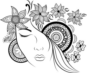 Vector Illustration Coloring Book Page  Abstract Anti Stress Flower Mandala Doodle Woman Face Isolated Elements Clip Art White Background