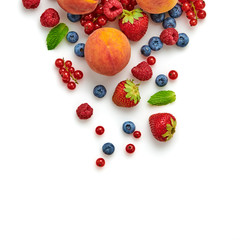 Blueberry, raspberry, blackberry, redcurrant, strawberry, peach, isolated on white. Fresh blueberry, berries mix closeup. Red raspberry, mint creative composition.