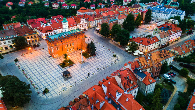 Aerial Skyline Panorama of Sandomierz Old City, Poland. Old Town with Market Square, Gothic City Hall.