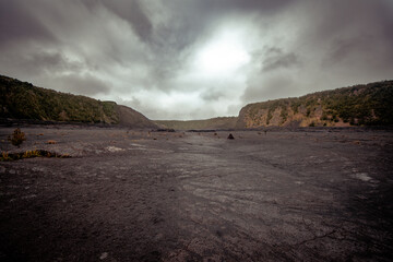 storm clouds over a volcanic crater in Hawaii