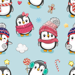 Pattern with cute cartoon penguins