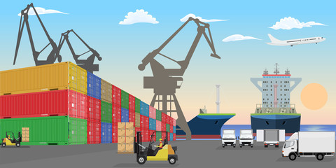 Stacked freight containers at a sea port dock. High detailed cargo ships cars and forklift cars. Flat Vector illustration.