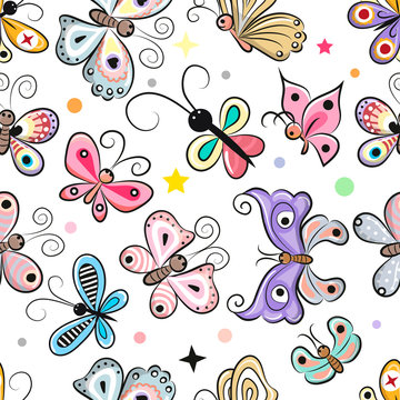 Pattern with cute cartoon butterflies
