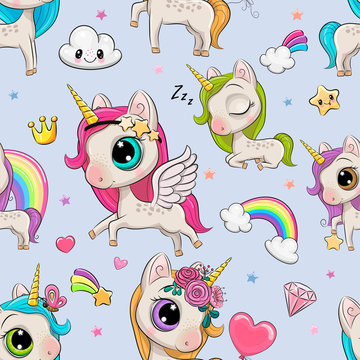 Pattern with cute cartoon unicorns
