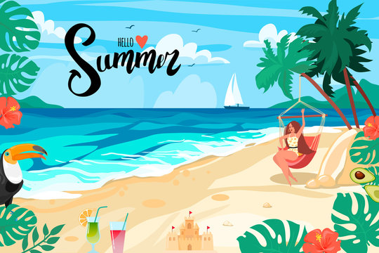 Summer bright postcard. The girl is resting in a hammock on the sea coast. Hello summer lettering. Vector illustration. Cartoon design.