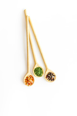 Herbs spices and flavoring on kithen desk, top view