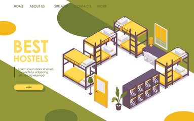 Landing page hostel isometric set with bunk beds and lockers. 3d interior example in vibrant colors good for web site with budget accomodation