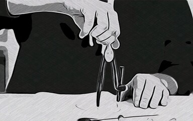 Man working with compass for drawing. Cartoon hand drawn illustration