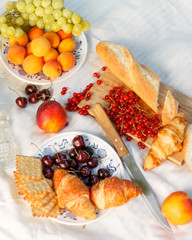 French picnic. picnic composition in nature. summer berries and fruits, baguette.