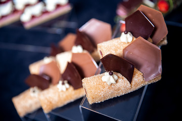 Close up of honey cake dessert with chocolate decor and meringue, gourmet catering sweet