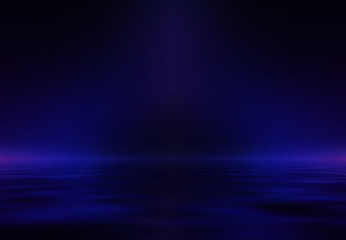 Abstract dark futuristic background. Neon rays of light are reflected from the water. Background of empty stage show, beach party. 3d illustration