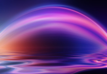 Fototapeta premium Abstract dark futuristic background. Neon rays of light are reflected from the water. Background of empty stage show, beach party. 3d illustration